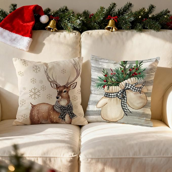 Christmas Pillow Covers 20x20 inch Set of 4, Holiday Winter Outdoor Vintage Snowflake Xmas Snowman Neutral Farmhouse Seasonal Burlap Reindeer Decorations for Sofa Couch