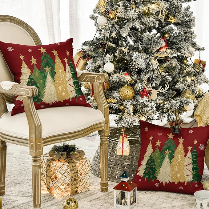 AVOIN colorlife Christmas Trees Star Red Throw Pillow Covers Set of 2, 18 x 18 Inch Snowflake Seasonal Winter Holiday Cushion Case Decoration for Sofa Couch