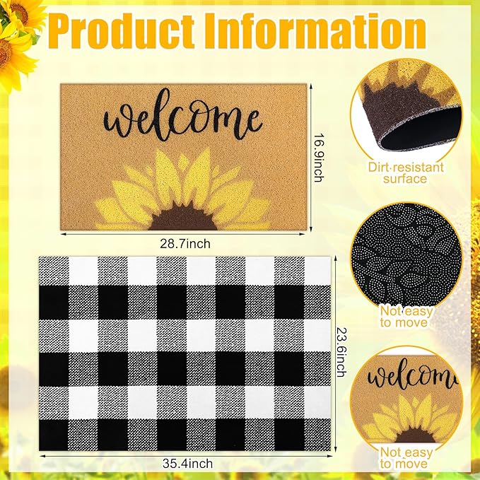 2 Pcs Fall Door Mat Sunflower Welcome Non Slip Coir Mats Autumn Floral Buffalo Plaid Floor Layering Doormats for Home Front Door Porch Entryway Decor