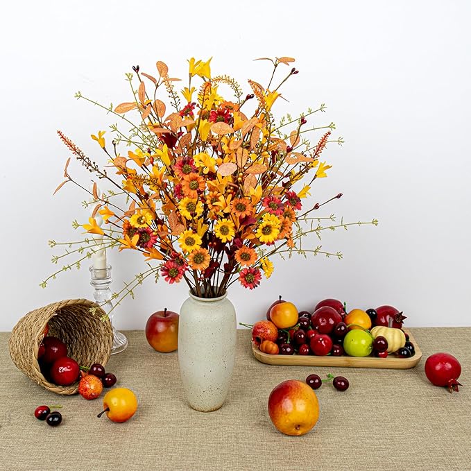 12 PCs Artificial Fall Flowers 17 Inches Vintage Autumn Stems Rustic Fall Floral Picks with Orange Forsythia Daisy Flowers Wildflower Stems for Farmhouse Indoor Vase Table Centerpieces Decor