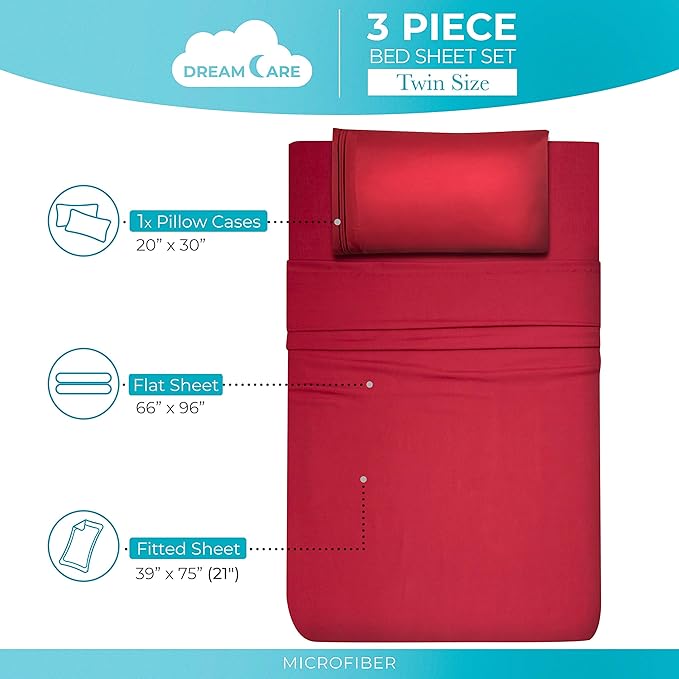 DREAMCARE Twin Sheets - 3pcs Cooling Sheets – up to 21” Extra Deep Pocket Twin Bed Sheets - Twin Sheet Set - Bed Sheets Twin - Soft & Long Lasting 100% Fine Brushed Polyester with Side Pocket - Brgndy