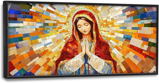 Virgin Mary Wall Art for Living Room, Our Lady of Guadalupe Canvas Wall Decor, Large Jesus Mother Pictures Framed Painting, Catholic Spiritual Artwork for Bedroom Office Home Decor 60L'' × 30W''
