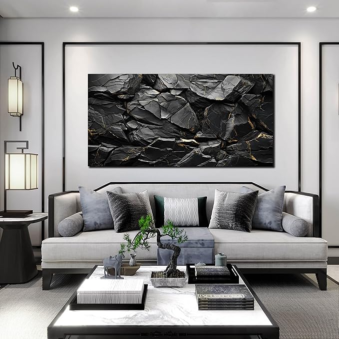 Black Stone with Golden Veins Canvas Wall Art for Living Room, Smooth Flat Rocks Picture Wall-Decor for Bedroom, Canvas Printed Artwork Decoration for Office, Size 48x24 Inches (Not 3D or Textured)