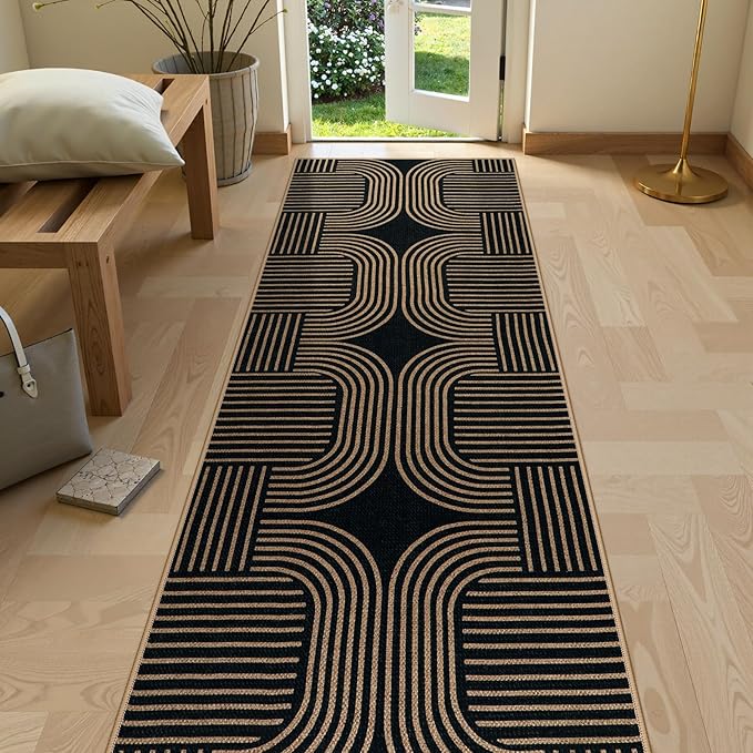 Lahome Modern Geometric Black Runner Rug, 2x8 Indoor Outdoor Hallway Kitchen Runner Rug with Rubber Backing, Farmhouse Washable Non Slip Non Shedding Floor Carpet for Bedroom Entry Patio