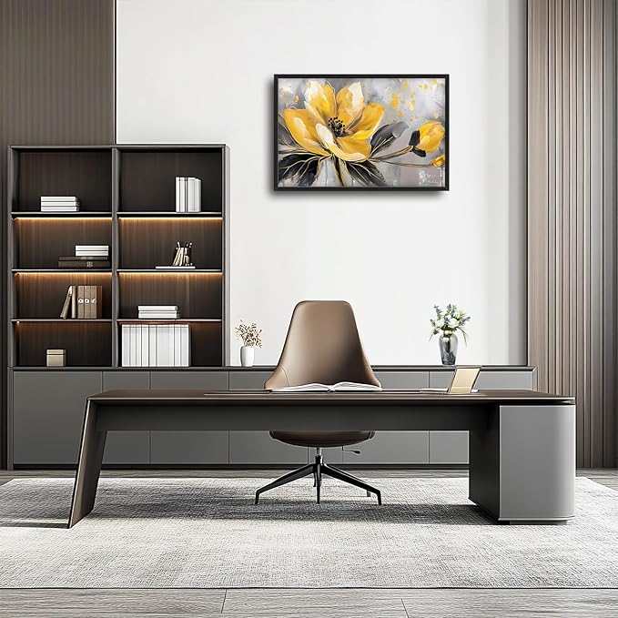Framed Large Wall Art for Living Room, Yellow Floral Canvas Wall Decor, Gold Flower Pictures Painting, Natural Landscape Artwork for Living Room Bedroom Office 36L'' × 24W''
