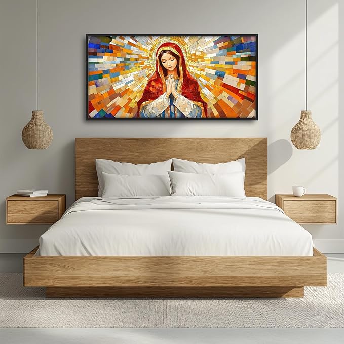 Virgin Mary Wall Art for Living Room, Our Lady of Guadalupe Canvas Wall Decor, Large Jesus Mother Pictures Framed Painting, Catholic Spiritual Artwork for Bedroom Office Home Decor 60L'' × 30W''
