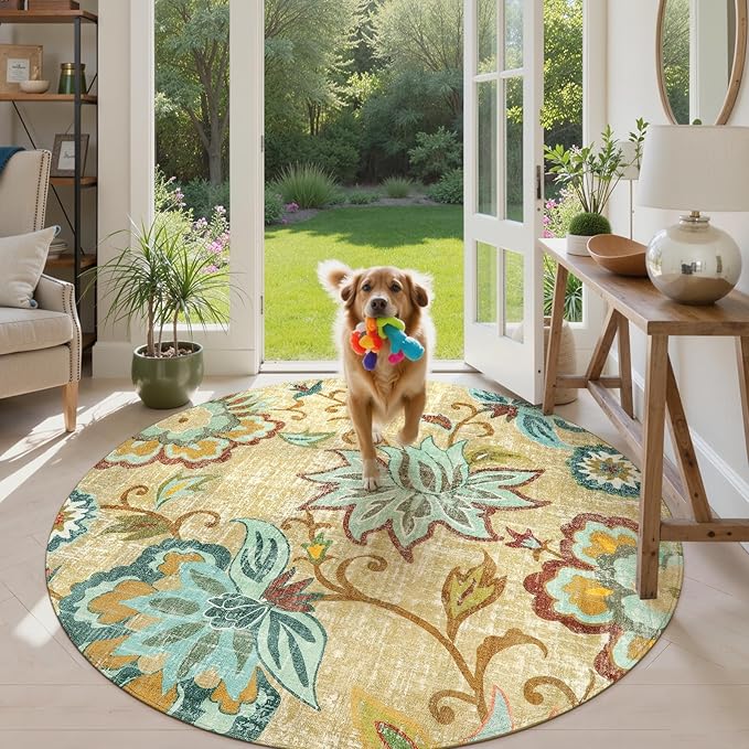 Lahome Floral Round Area Rugs 5Ft - Washable Soft Large Round Rugs for Living Room Non-Slip Throw Lightweight Round Kitchen Rugs, Boho Beige Paisley Print Circle Rugs for Bedroom Office Dining Room