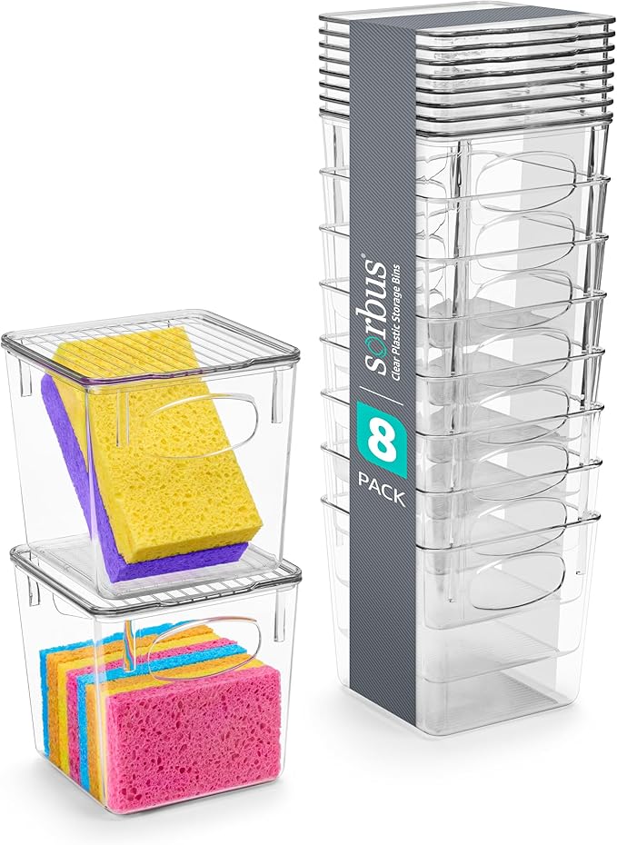 Sorbus Small Clear Plastic Storage Bins with Lids, Clear Stackable Storage Bins, Laundry Room Organizer Bins, Office, Classroom, Playroom, Bathroom, Laundry Room Organization and Storage (8 Pack)