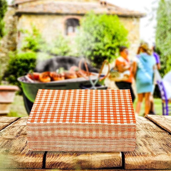 Gatherfun Disposable Paper Napkins 3-ply Orange and White Gingham Beverage Napkins for Dinner, Picnic, Birthday Party（6.5X6.5 in, 50-Pack)