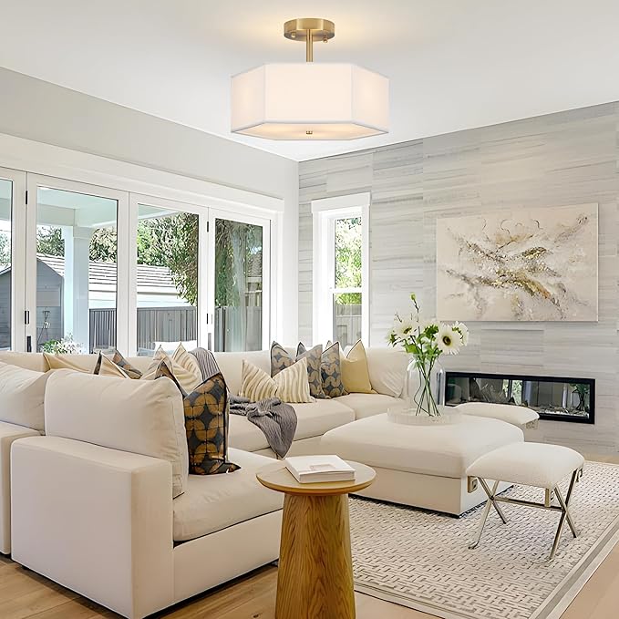 Modern Ceiling Light with White Fabric Shade 3-Light Gold Semi Mount Flush Fixture for Bedroom Dining Room Kitchen and Hallway