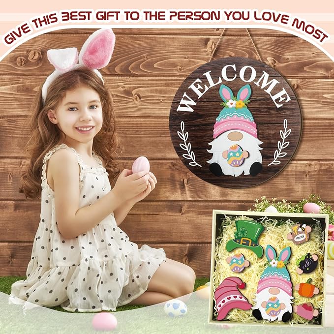 Qunclay Interchangeable Wooden Gnome Decor Holiday Seasonal Gnome Decorations with Magnet Pieces and Detachable Hats Changeable Welcome Sign for Home(Attractive Style)