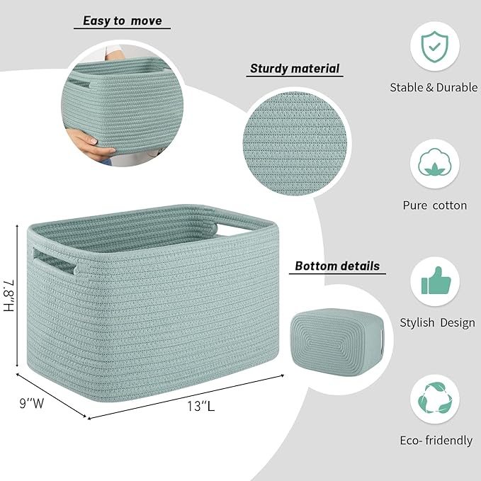 4 Pack Storage Baskets for Organizing Toys, Towels, and Clothes, Woven Basket for Shelves, Sturdy Nursery Cube Bins for Storage, 13''L x9''W x7.8''H, Frosty Green