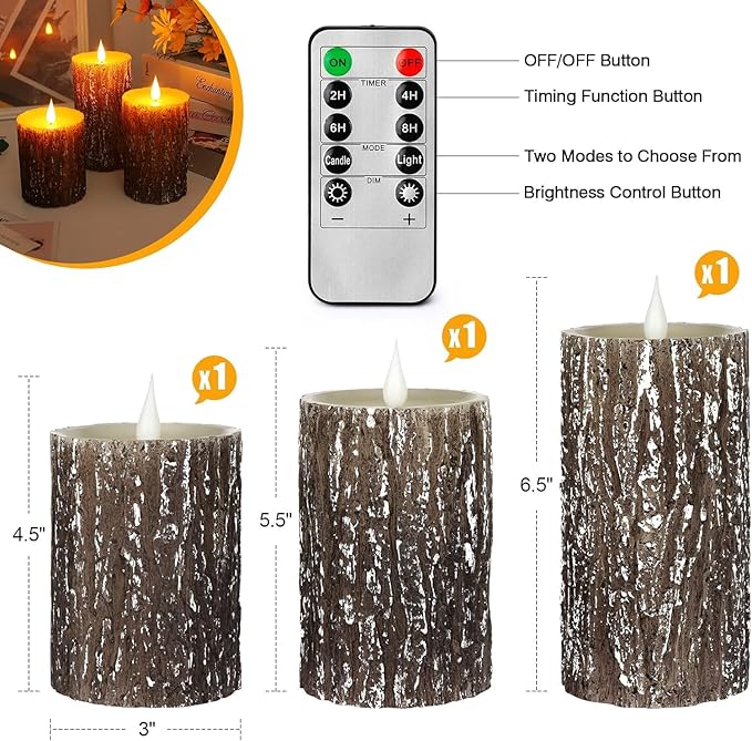Pine Bark Effect Flameless Candles Battery Operated Pillar Real Wax Flickering Electric LED Candle Sets with Remote Control Cycling 24 Hours Timer, 3" x 4" 5" 6" Pack of 3