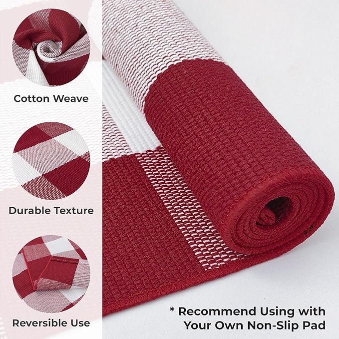 KOZYFLY Buffalo Plaid Rug 2x8 Ft Runners for Hallways Washable Checkered Rug Red and White Christmas Rugs Woven Cotton Kitchen Fall Rug Halloween Decor for Hallway Kitchen Living Room
