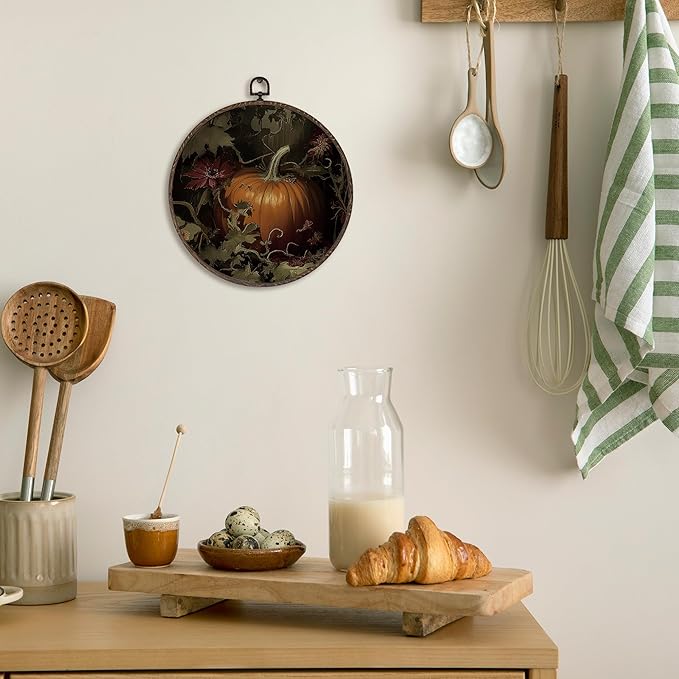 XNXLDYLH Vintage Fall Pumpkin Round Framed Wall Art Decor, Dark Cottagecore Antique Hanging Wall Decor Decorations, Dark Academia Fall Autumn Canvas Prints Wall Art Paintings for Living Room, 10x10In