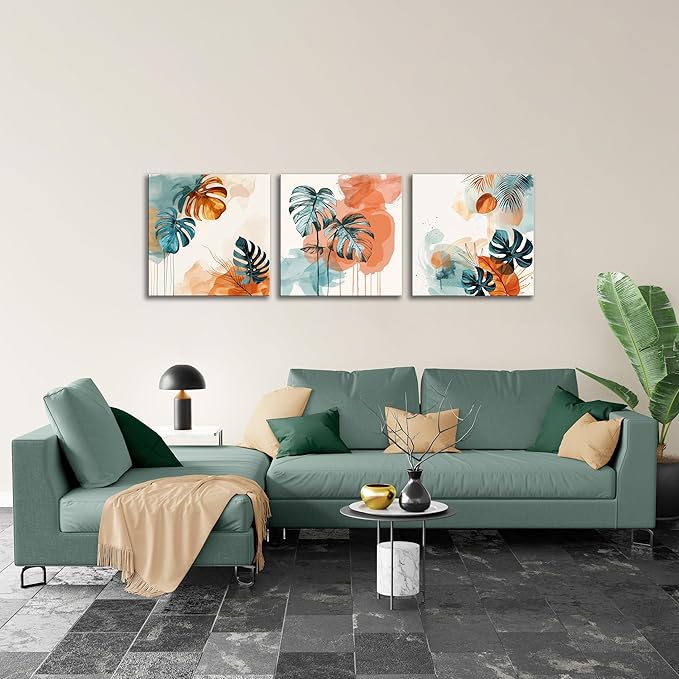 NAN Wind 3Pcs Abstract Tropical Leaves Canvas Art Modern Botanical Wall Decor Teal and Orange Leaf Minimalist Jungle Wall Art Framed Contemporary Nature-Inspired Print for Living Room or Bedroom