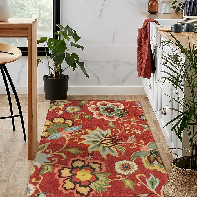 Lahome Floral Machine Washable Fall Rug - 3x5 Area Rug Non-Slip ‎Stain Resistant Kitchen Rugs Soft Throw Low-Pile Rug for Bedroom, Accent Paisley Print Floor Carpet for Living Room Entryway Office