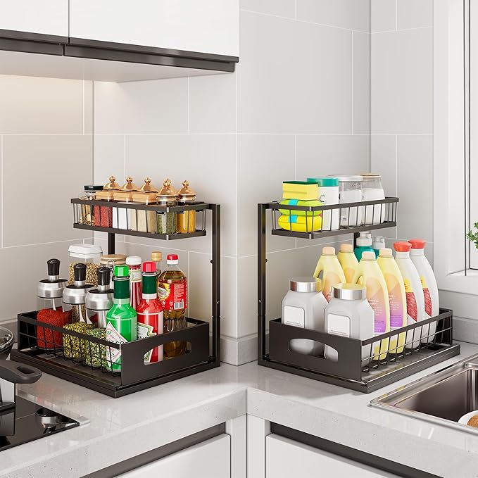 Under Sink Organizer, 2 Pack Height Adjustable Cabinet Organizer with Slide Out Drawer, Pull Out Under Sink Storage, Multi-Purpose 2 Tier Sink Shelves for Kitchen Bathroom Pantry (Black, 2 Pack)