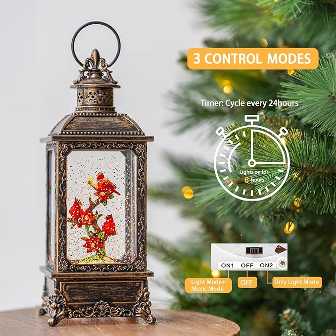 Christmas Snow Globe Water Glittering Cardinal Lantern with Music & Timer, USB Lined/Battery Operated Lighted Lantern for Christmas Festival Decoration Gifts