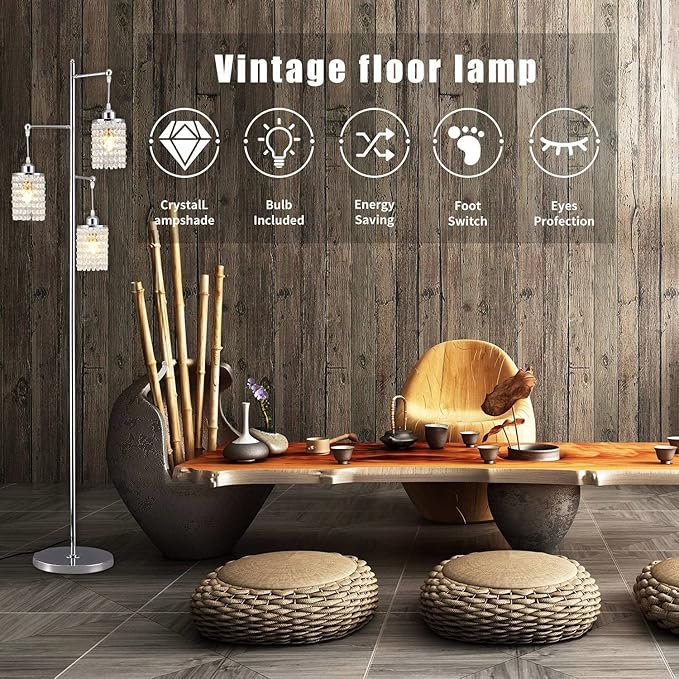 beaysyty Art Decor Crystal Floor Lamp 3-Light Contemporary Crystal Lampshade for Living Room,Bedroom,Office,Bulb Included,Chrome Finish