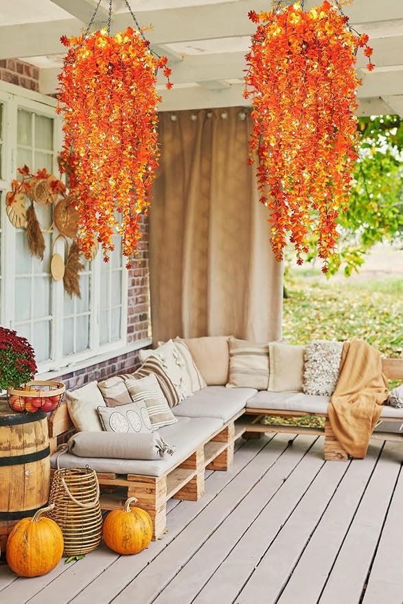 SJL Artificial Hanging Plant Pack of 4 Fall Outdoor Hanging Plants with Lights Artificial Decor Plant Fall Faux Vine Plants Faux Autumn Flowers for Farmhouse Kitchen Party Thanksgiving (Gold)