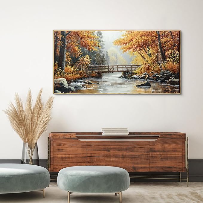 KLAKLA Canvas Wall Art - Rustic Landscape Burnt Orange Forest Tree Creek Print Picture Framed Artwork for Living Room Bedroom Office Wall Decor - 40x20 Inches