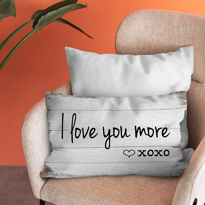 Burosev Rustic I Love You More XOXO Throw Pillow Cover, Funny Couples Sayings Decorative Pillowcase, Love Theme Anniversary Decor Decorations for Home Bedroom Sofa Bed Room (12 x 20 Inch)