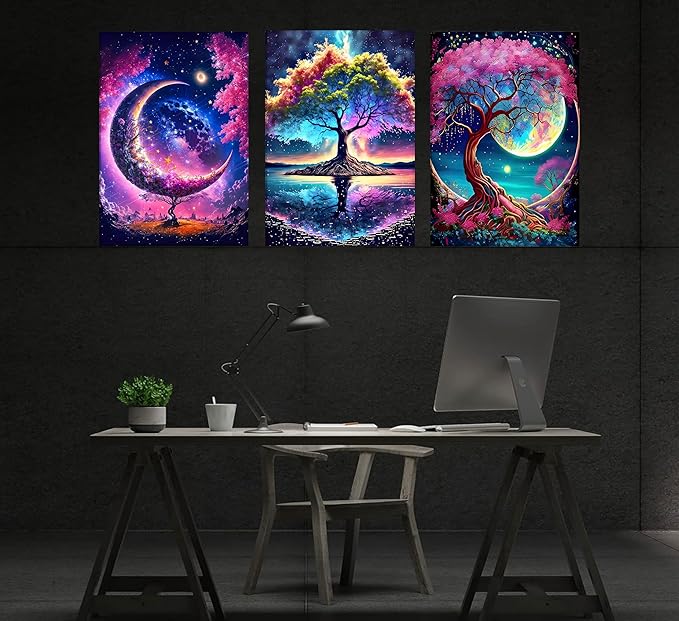 3PCS Tree of Life Wall Art Moon Canvas Poster Romantic Starry Night Pictures Fantasy Forest Paintings Tree Life Prints Visual Modern Abstract Wall Decor for Living Room Bedroom Framed