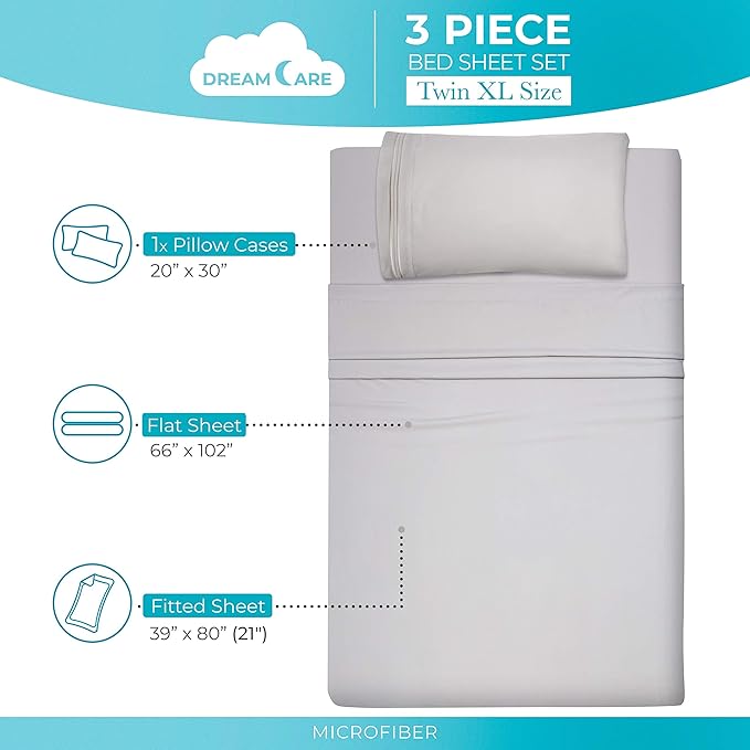 DREAMCARE Twin XL Sheet Sets – 3pcs Cooling Sheets – up to 21” Extra Deep Pocket Twin XL Sheets Set – Hotel Luxury Sheets & Pillowcases – Superior Softness 100% Fine Microfiber with Side Pocket –LGray