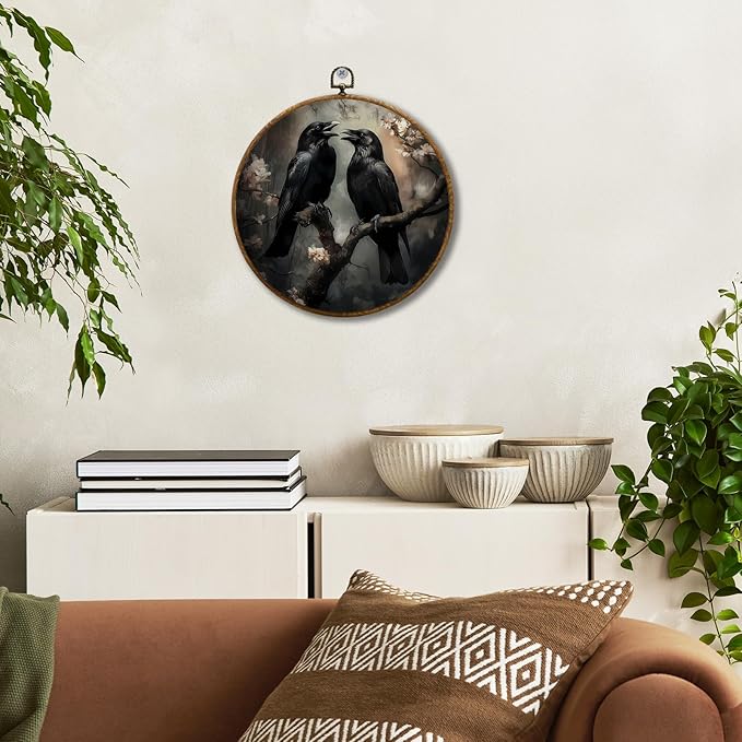 JUIOEIU Gothic Black Raven Round Wall Decor, Dark Academia Black Crow Floral Framed Canvas Prints, Gothic Moody Raven Wall Art Hanging Decorations for Home Bedroom Living Room Decor, 10x10in