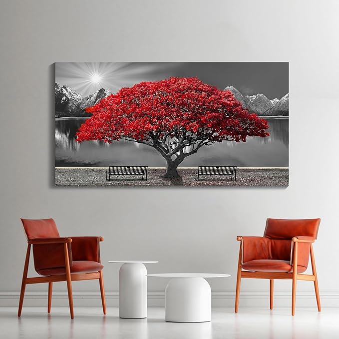 Black and White Red Tree Wall Art Canvas Print Picture Large Red Tree Landscape Modern Artwork for Living Room Bedroom Office Home Wall Decor With Frame 29X58inch