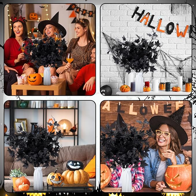 12 Pcs 19.7 Inch Artificial Halloween Flowers Decorations Black Floral Stem Leaves Picks Branches Black Gothic Halloween Table Decorations for Home Indoor Party Vase Arrangement Decor