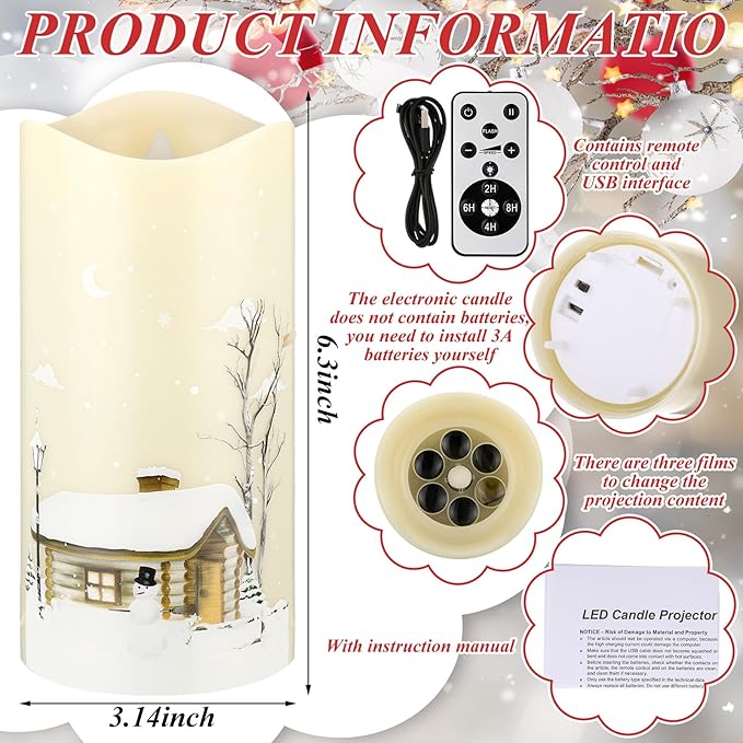 Christmas Flameless Candle Snowflake Snowman Projector Light Colorful LED Candle Battery Operated Night Light with Remote and Timer Indoor Bedroom Home Decor for Christmas Party Gift Decor