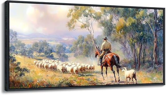 JEAWA Large Framed Canvas Painting - 24x48 IN Western Shepherding Landscape Wall Decor, Picture with Trees, sheeps and Fine Horse, Shepherd Art Prints for Bedroom Living Room Home Decoration