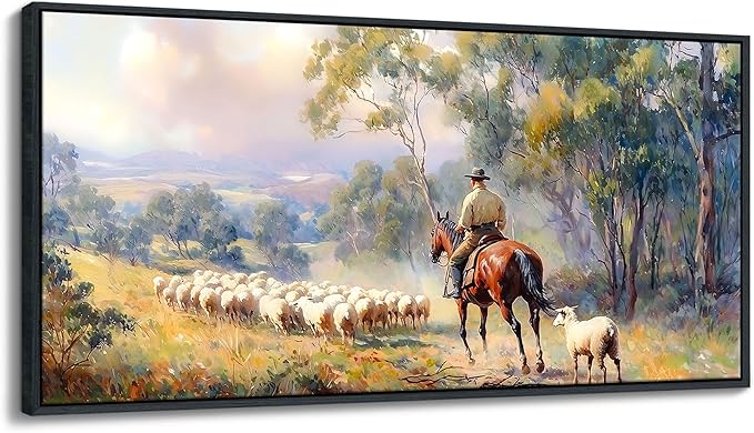 JEAWA Large Framed Canvas Painting - Western Shepherding Landscape Wall Decor, Picture with Trees, sheeps and Fine Horse, Shepherd Art Prints for Bedroom Living Room Home Decoration, 29x58 IN