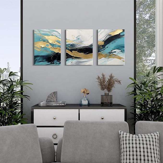 Abstract Teal Canvas Wall Art Bedroom Decor Set of 3 Abstract Gold Line Ink Prints Picture Bathroom Artwork 12x16", Abstract Turquoise Glitter Splash Modern Framed Painting for Living Room Decoration