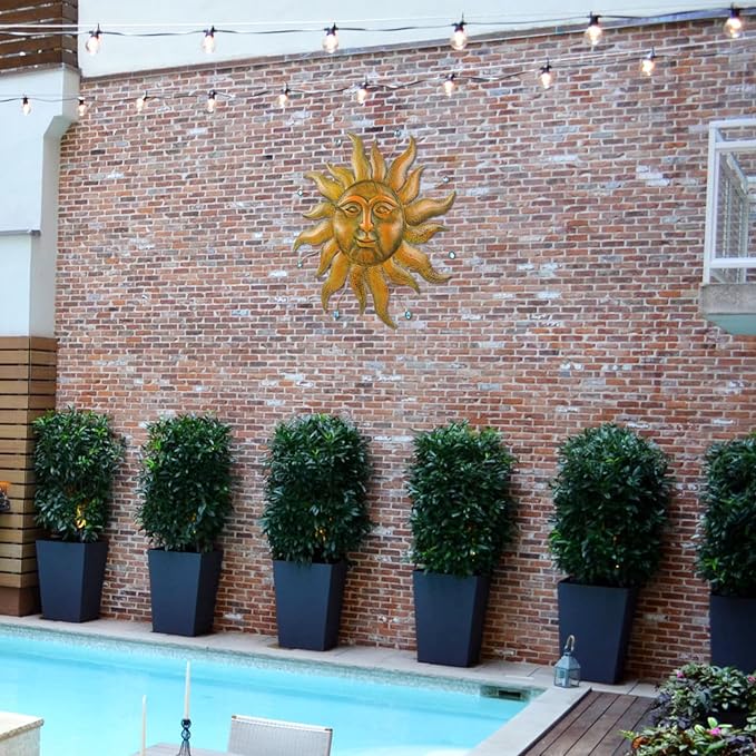 Sun Metal Wall Art, 3D Sun Face Large Wall Art for Living Room, Retro Gold Wall Hanging Decor, Brass Wall Sculptures with Blue Bead, 27 Inches Wall Decor for Garden Yard Patio Home