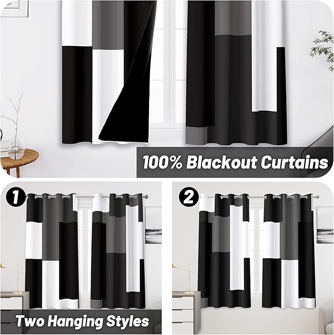 Black Grey 100% Blackout Curtains 52 inch Length 2 Panels Set White Grey Modern Abstract Geometric Drapes for Kitchen Black Out Curtains Insulated Room Darkening Small Window Curtains, 52Wx45L