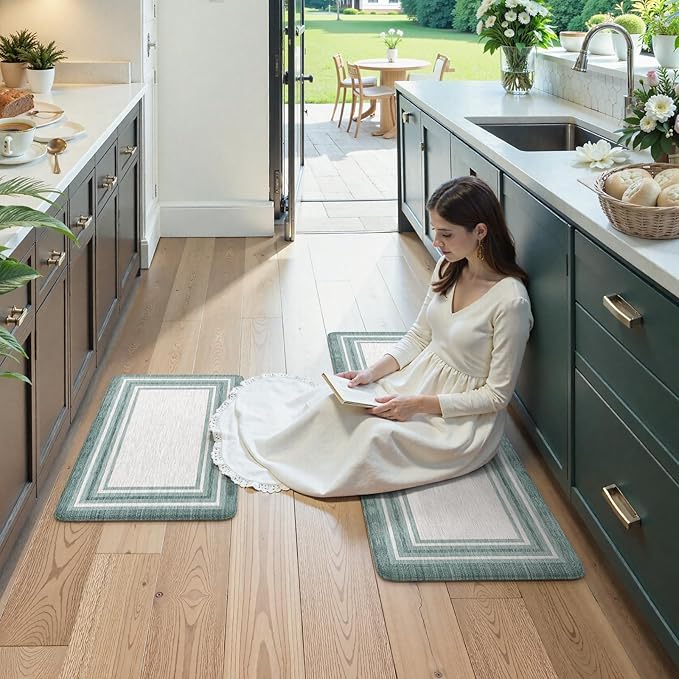 KIMODE Anti Fatigue Kitchen Mats,Farmhouse Kitchen Rugs Non Slip Rubber Backing,Waterproof Kitchen Mat for Floor,Cushioned Standing Mat for Kitchen,Laundry,Sink,Desk,Green