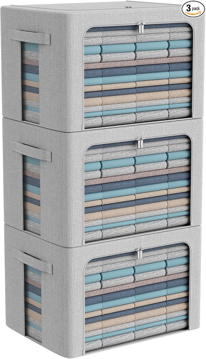 3Pack Foldable Storage Bins - Frame Storage Box Linen Fabric Stackable Clothes Container Organizer with Clear Window & Carry Handles Large Capacity (Large-66L, Light Grey)