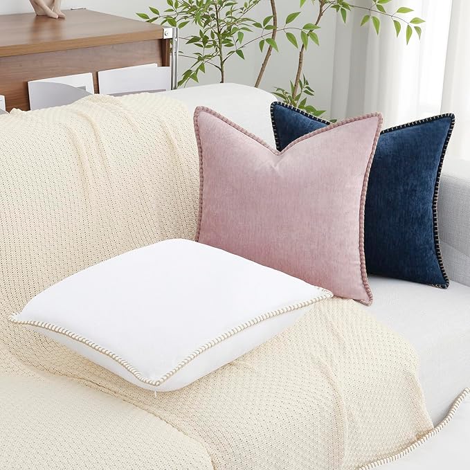 decorUhome Chenille Soft Throw Pillow Covers 12x20 Set of 2, Lumbar Velvet Farmhouse Neutral Decorative Euro Pillow Covers with Stitched Edge for Couch Sofa Bed Home Decor, White