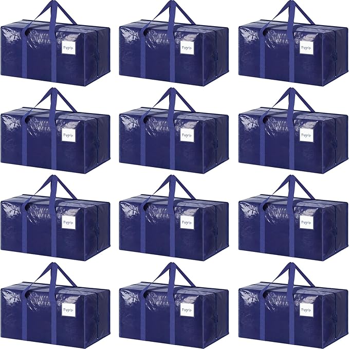 12 Pack Extra Heavy Duty Large Moving Bags with Strong Zipper & Comfortable Handles, Sturdy & Durable Clothes Storage Bags Totes Bins, Packing Moving Boxes for College Supplies, Dark Blue