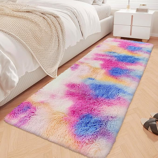 Fluffy Colorful Rug for Bedroom 2x6 ft Kawaii Tie-Dyed Area Rug Non Slip Cute Unicorn Kids Runner Rug for Girls Princess Teens Living Room Playroom Baby Nursery Decor Carpets