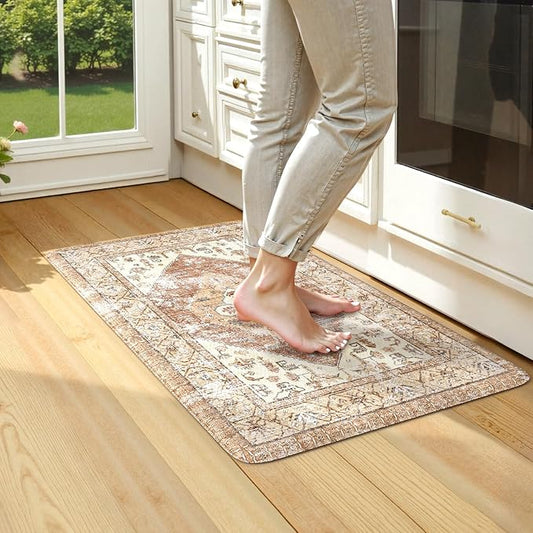 KIMODE Anti Fatigue Kitchen Mats for Floor,17.3" x 29" Cushioned Boho Vintage Kitchen Rugs,Non-Slip Waterproof Kitchen Sink Standing Mat Wipe Clean for Kitchen,Laundry Floor,Mutil-Khaki