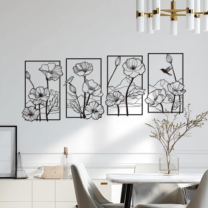 deeinglif Black Metal Wall Art, Abstract Minimalist Wall Decor, Flower Wall Decor, Floral Line Sculpture, Modern Home Decor for Living Room, Bedroom, Bathroom, Kitchen, Cafe, Office Decoration