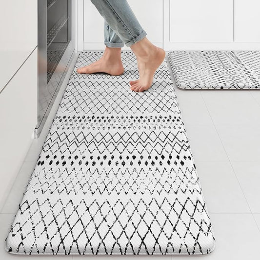 KIMODE Kitchen Mats 2PCS,Cushioned Anti Fatigue Kitchen Rugs and Mats,Non Skid Waterproof Kitchen Mats for Floor,Comfort Foam Standing Mat for Home, Office,Sink,Laundry,Desk,Black and White