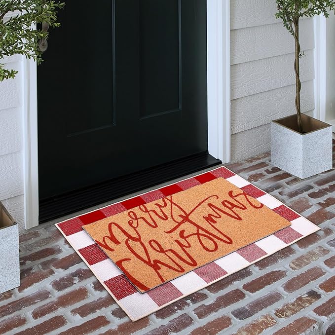 2 Pcs Christmas Door Mat Xmas Welcome Non Slip Coir Mats Merry Christmas Red White Buffalo Plaid Floor Layering Doormats Seasonal for Front Porch Entryway Decor(Red White Buffalo)