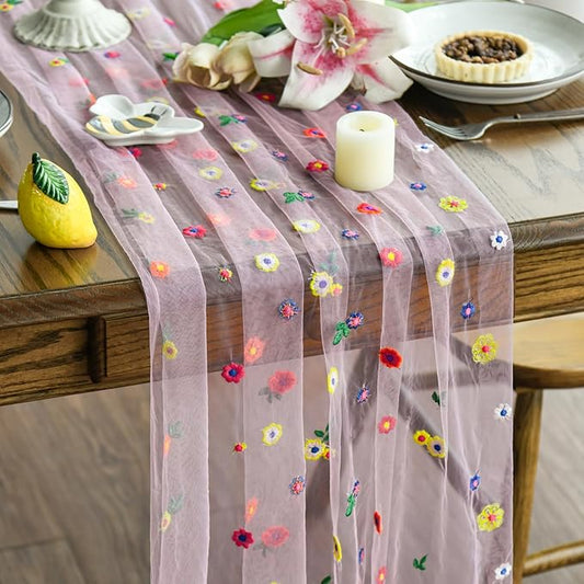 Artoid Mode Pink Embroidery Daisy Gauze Table Runner 120 Inch 10FT, Seasonal Sheer Kitchen Dining Holiday Wedding Birthday Table Decor for Home Party