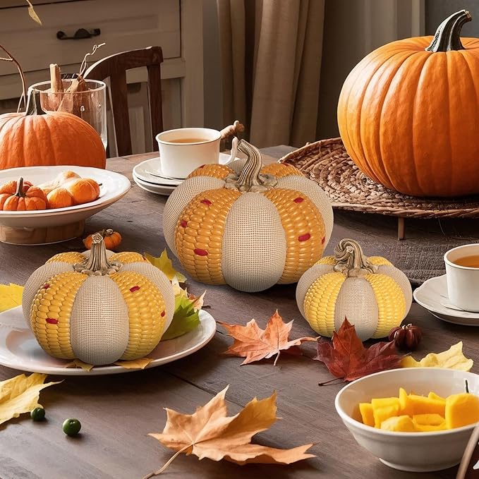 Set of 3 Decorative Corn Pumpkins, Fall Resin Stackable Pumpkins for Decorating, Thanksgiving Harvest Autumn Seasonal Outdoor Porch Decor, Indoor Table Centerpiece Mantel Home Decorations
