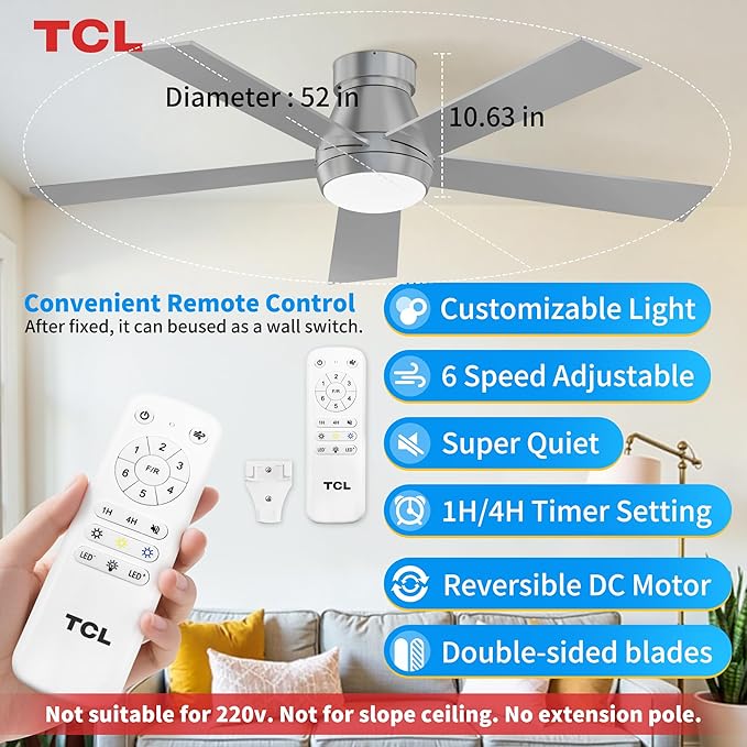 TCL 52" Silver Ceiling Fan with Light and Remote, Modern LED 3-Color, Quiet Motor for Bedroom, Living Room, Dining Room, Ceiling Fans with Lights (Silver)